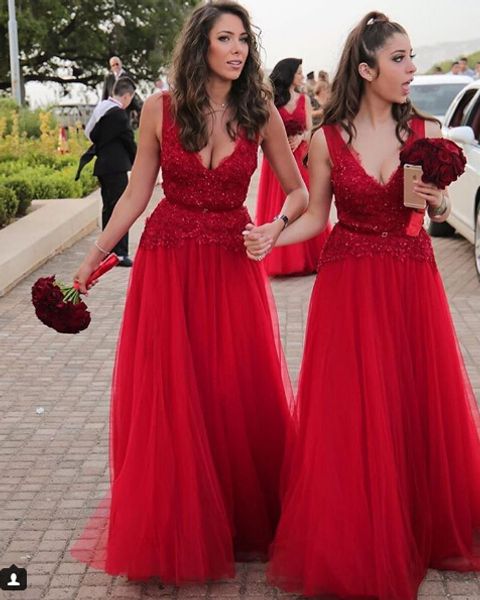 

2021 a line tulle v neck beaded red bridesmaid dresses for women plus size party prom dresses, White;pink