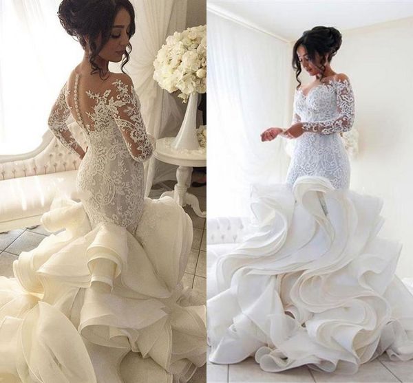 

gorgeous ivory wedding dresses scoop neckline ruffles lace appliqued ourdoor wedding gowns with zipper back custom made, White