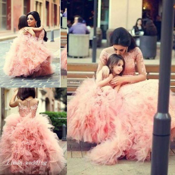 Kabarık Büyük Çiçek Kız 'Elbise Balo Uzun Dans Prenses Resmi Giyim Düğün Parti Küçük Kızlar Pageant Elbise