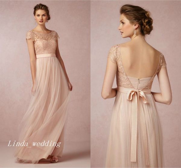 

2019 vintage blush pink lace bridesmaid dress popular a-line backless floor length long maid of honor wedding party gown, White;pink