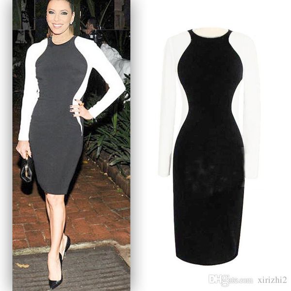 

2016 европейский новый женский цельный платье ким кардашян контраст цвета пэчворк о-образным вырезом с длинными рукавами черный и белый body, Black;gray