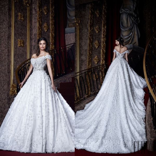 

роскошные полные кружевные свадебные платья 3d-цветочные аппликации с плеча свадебное платье со спинкой съемный шлейф hanna toumajean beach, White