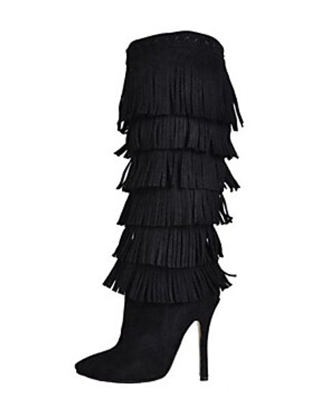 

2019 new fashion boots pointed toes high heels tassel winter knee boots women zip nubuck leather knight boots women shoes, Black