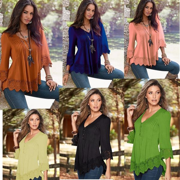 

wholesale- brand new 2017 autumn spring black casual v-neck lace t-shirt women hollow out party slim t-shirt button vestidos, White