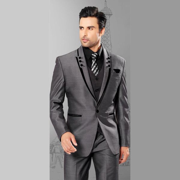 

wholesale- 2017 men suits slim fit peaked lapel tuxedos grey wedding suits with black lapel for men groomsmen suits one button 3 piece suit, White;black