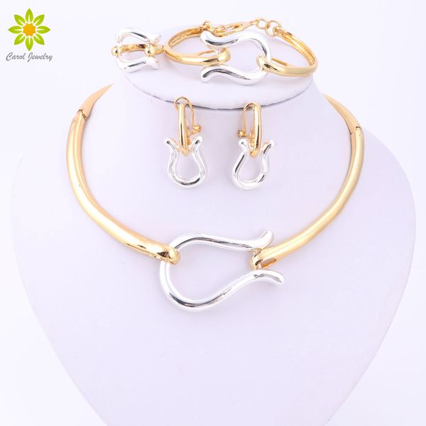 

fine bridal jewelry sets for women 18k gold plated statement necklace earrings bracelet ring wedding set fashion accessories, Slivery;golden