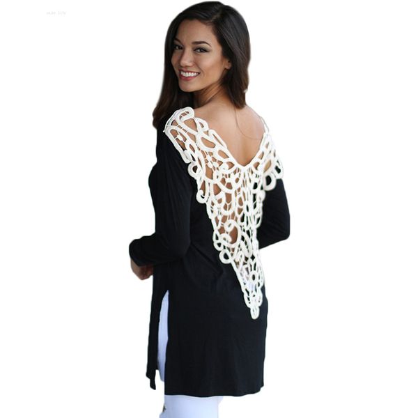 

wholesale-fashion 2016 crochet patchwork elegant t-shirt femme deep v back lace hollow out women long sleeve side split shirt m0072, White