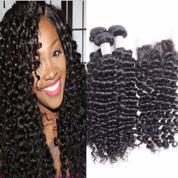 

brazilian deep wave human hair with closure 8a unprocessed human hair with lace closure 3 bundles brazilian wave hair with closure, Black