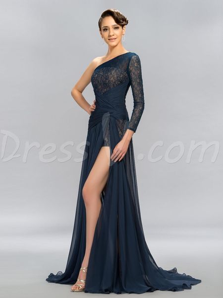 

2019 Sexy Long One shoulder Evening Dress Navy Blue Lace Split-Front Prom Dress sheath lace sweep train evening dress Vestidos De Novia