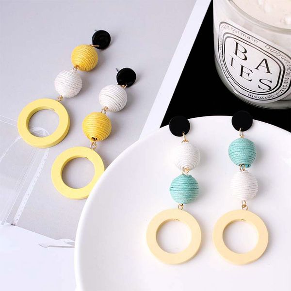 

network red earrings girl retro temperament linen hemp hit color ball ball wood circle wooden earrings wholesale ing, Silver