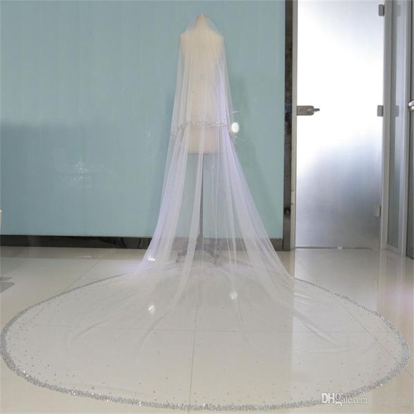 

Luxury Two Layer Crystal Bridal Veils Cathedral Length Long Beaded Custom Made Wedding Veils With Free Comb Real Image
