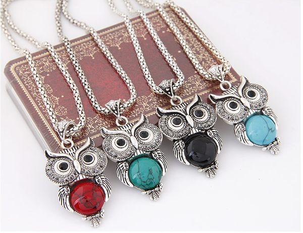

metal inlaid turquoise owl retro necklace earrings bracelet jewelry sets cute owl four color for choose, Golden;silver