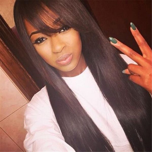 New Arrival Peruvian Hair Full Fringe Wig Human Hair Glueless Full Lace Wig With Bangs Bleached Knots For Black Women Canada 2019 From Queen Hair