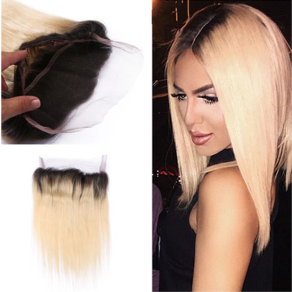 

brazilian ombre color 1b 613 straight human hair 360 full lace frontal closure with baby hair 360 lace band frontal bleached knots, Black;brown