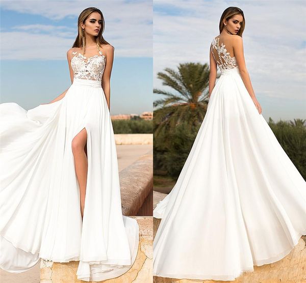 

Sheer Crew Neck Lace Аппликации лифа Боковые Щелевые шифон Свадебные платья с See Through Назад