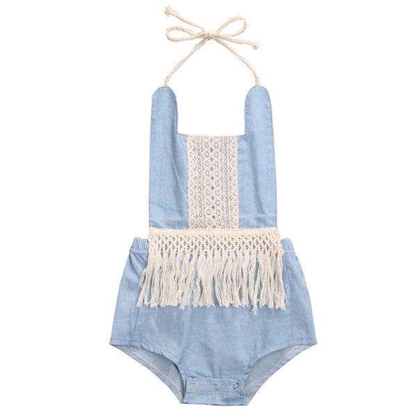 Bonito Do Bebê Recém-nascido Meninas Roupas Borla Jeans Denim Romper 2018 Sem Mangas Verão Sem Encosto Romper Macacão Outfit Sunsuit One-Piece Roupas