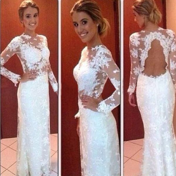 

sheath column wedding dresses illusion jewel neck long sleeves open back full lace bridal gowns floor length illusion bodice, White