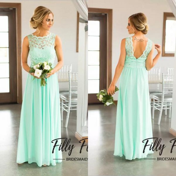 Venda quente 2019 Hortelã Verde Lace Top Chiffon Saia País Da Dama de Honra Vestidos Longos Baratos Praia Backless Até O Chão Vestido de Festa de Casamento EN9201