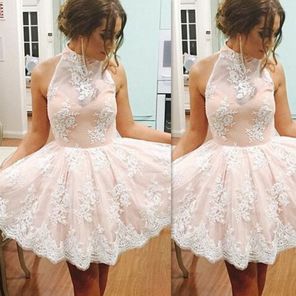 

blush pink and ivory lace prom dresses short high neck 2018 a-line mini cocktail graduation party gowns for girls, Black