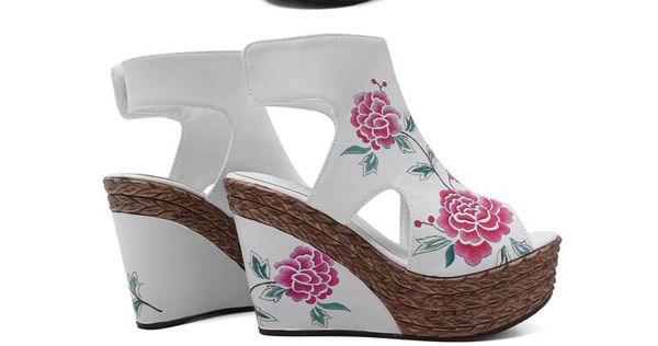 

handmade custom folk style sandals female summer slope with waterproof high heeled boots hollowed out cold, Black