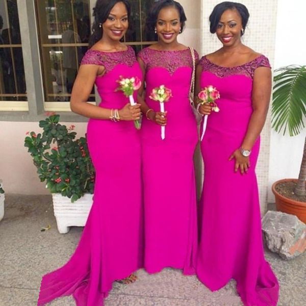 

plus size fuschia bridesmaid dresses 2019 mermaid long maid of honor wedding dresses cap sleeve bridesmaid gowns african prom dresses, White;pink