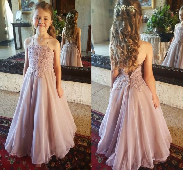 Dusty Pink Lace Flower Girl Abiti per la cerimonia nuziale 2016 Halter Backless Organza Piano Lunghezza Ragazze Pageant Abiti Bambini Abiti da festa formale