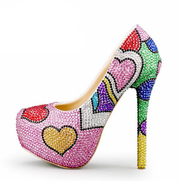 

fashion handmade colorful rhinestone wedding shoes banquet evening party pumps multicolor crystal bridal shoes heart shape big size 10, Black