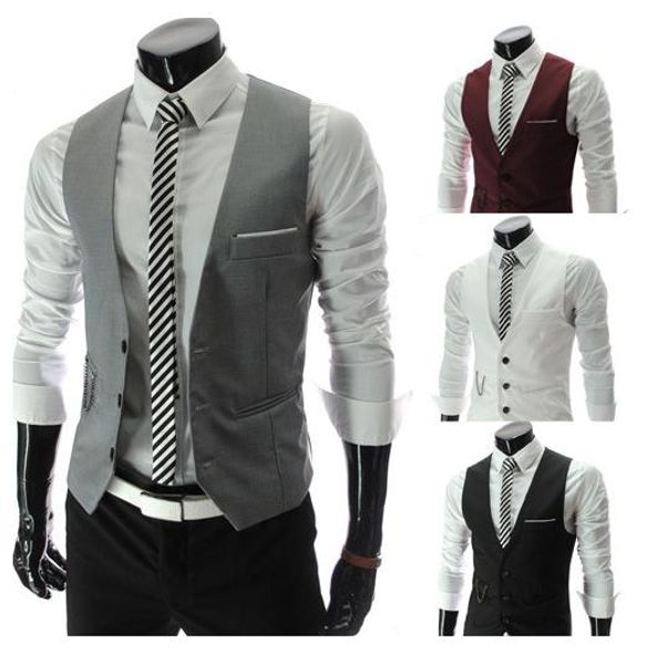 

vest men sleeveless solid color metal chain decorations design single breasted v neck brief stylish fashion mens dress vest ing, Black;white
