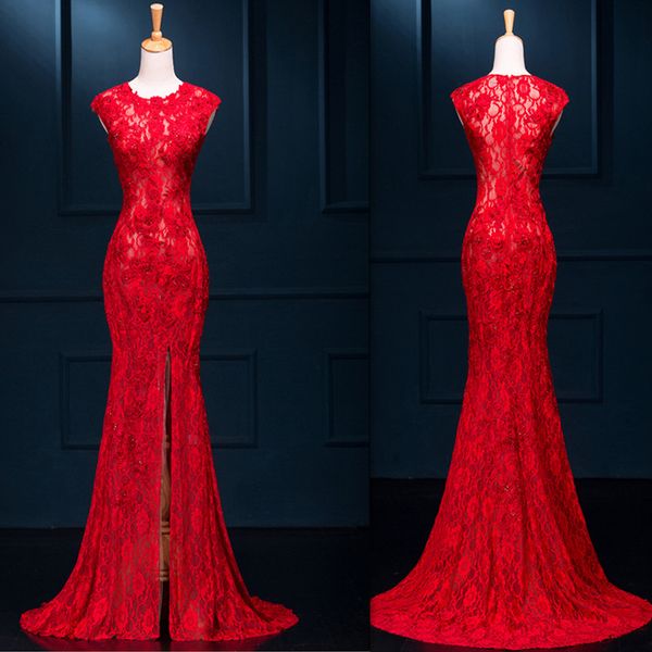 

red chinese dresses 2018 long cheongsam style lace mermaid slit corset special occasions gowns crew cap sleeves prom dress, Black