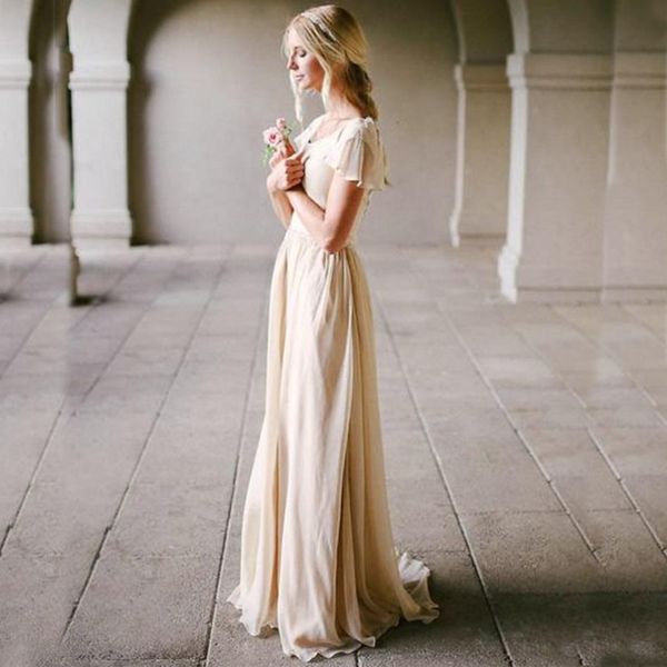 

vintage country wedding dress flowing chiffon beach garden outdoor bohemian bridal gowns scoop neck bridal gowns with sweep train, White