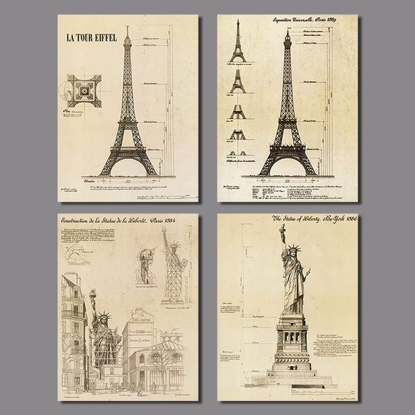 

4pcs retro decoration paris eiffel tower wall art picture statue of liberty old poster canvas painting living room unframed