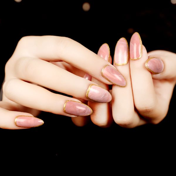 

wholesale-2016 selling 24pcs/set pink stone texture sllipse shape short fake nails full acrylic artificial nails tips nep nagels, Red;gold