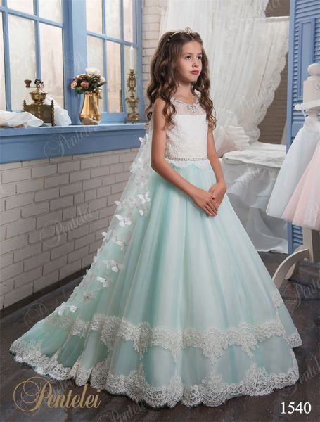 Mint Flower Girls Dresses com Wraps 2019 Pentelei com fecho de chave de volta e frisado Sash apliques de tule vestidos de casamento de crianças xaile de borboleta