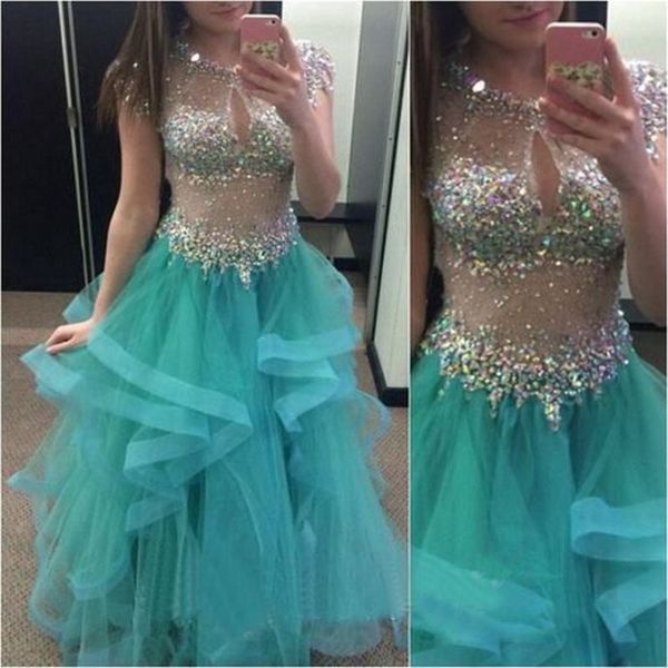 

jewel neckline sheer bling bling crystals blue prom dress short sleeves ruffled skirt ball gowns evening gowns vestidos longos para formatur, Black