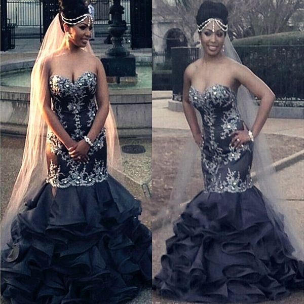 

2016 black sparking crystal beaded prom dresses 2016 with cascading ruffles robe de soiree african style mermaid formal evening party gowns