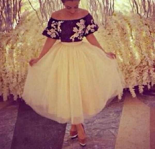 

2019 two pieces tulle a line Evening Dresses Appliques Prom Dresses Vestidos tea length off shoulder prom gowns