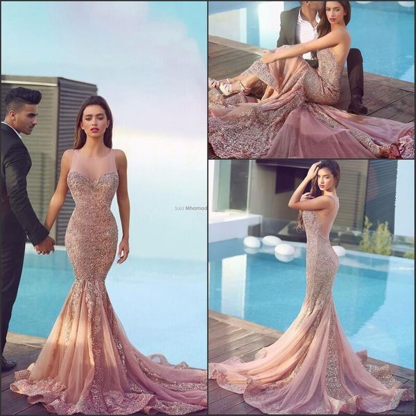 

2019 Arabic Skin Pink Mermaid Prom Dresses Plum Lace Appliques Backless Brush Train Backless formal Evening Gowns Said Mhamad Dress BA0562