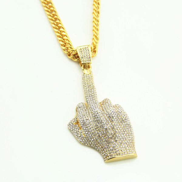

new middle finger crystal necklace street wind heavy drill full diamond hip hop jewelry pendant ing, Silver