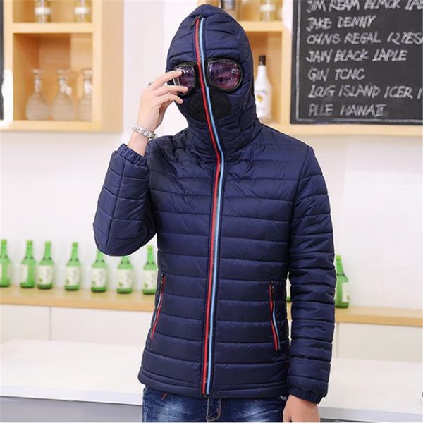 

wholesale- winter jacket men motoqueiro warm down jacket with glasses windbreaker cotton coat novel new windproof parka men hooded jacket 2, Black