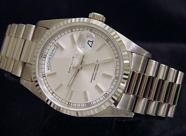 

New Unworn Day-Date President 185k White Gold Watch w/Silver Stick Dial 18239 Men's Sport Wrist Watches Automatic 41mm Mens Watch
