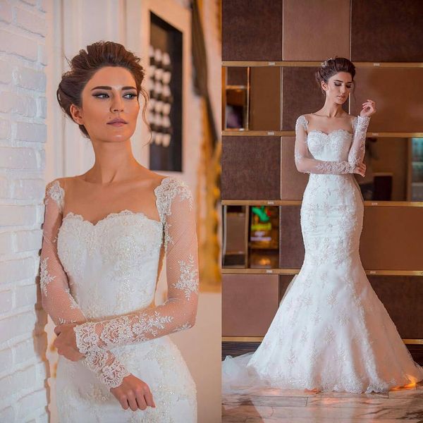 

illusion sheer o-neck mermaid wedding dresses gowns long sleeve lace appliques with sequins bride dresses vestido casamento, White