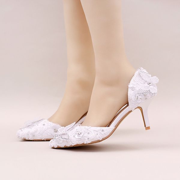 Summer White Satin Wedding Bride Shoes Pointed Toe Shape Middle