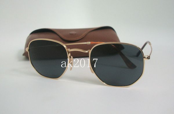 

1pair men hexagonal metal ungla e irregular per onality un gla e gold frame black len gla len e 48mm with brown ca e