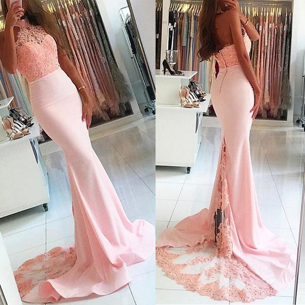 

popular stretch satin high collar neckline mermaid prom dresses with beaded lace appliques & belt pink backless evening dress, Black