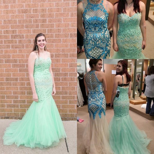 

sparkly pearls beaded mint green prom dresses mermaid tulle party gowns strapless sweep train formal evening gowns, Black