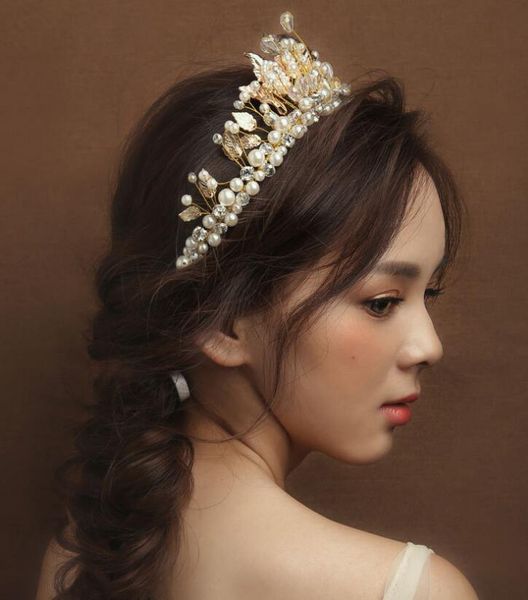 Gold Vintage Bridal Jewelry Headpiece Pearl Hair Accessories Crystal Hair Band headbands Bridal Crown Tiara Wedding Jewelry HT121
