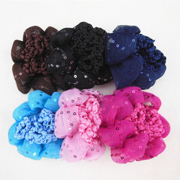 2016 New Fashion Hair Bun Net Shiny Girl Women Bun Cover Snood Retina per capelli Balletto Danza Pattinaggio Accessori per capelli all'uncinetto 6 colori