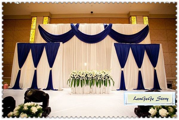 Romantic Ice Silk White Backdrop Curtain With Navy Blue Drapes
