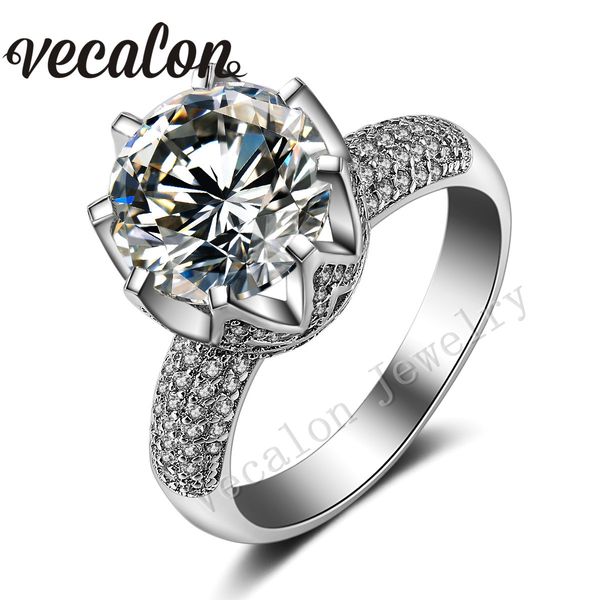 

vecalon luxury design crown wedding ring set for women round cut 6ct simulated diamond cz 925 sterling silver female band ring, Slivery;golden