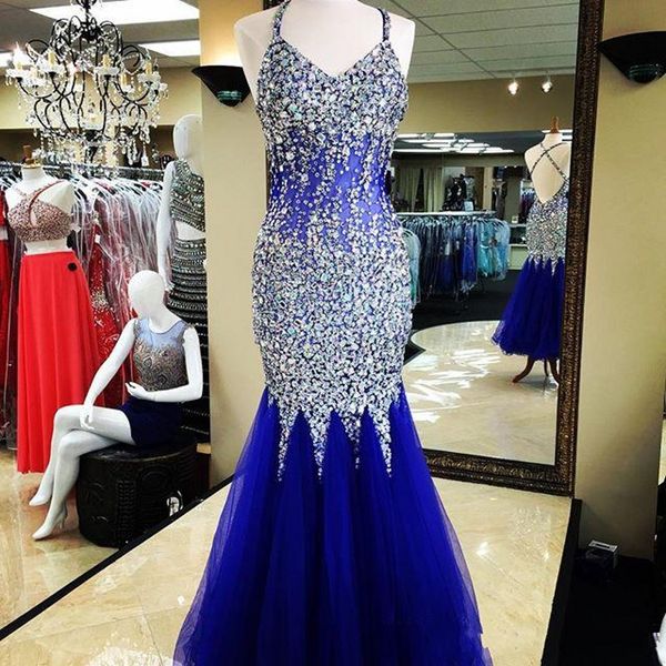

royal blue crystals beaded prom dresses 2017 halter mermaid evening gowns back cross straps tulle floor length formal party dresses, Black